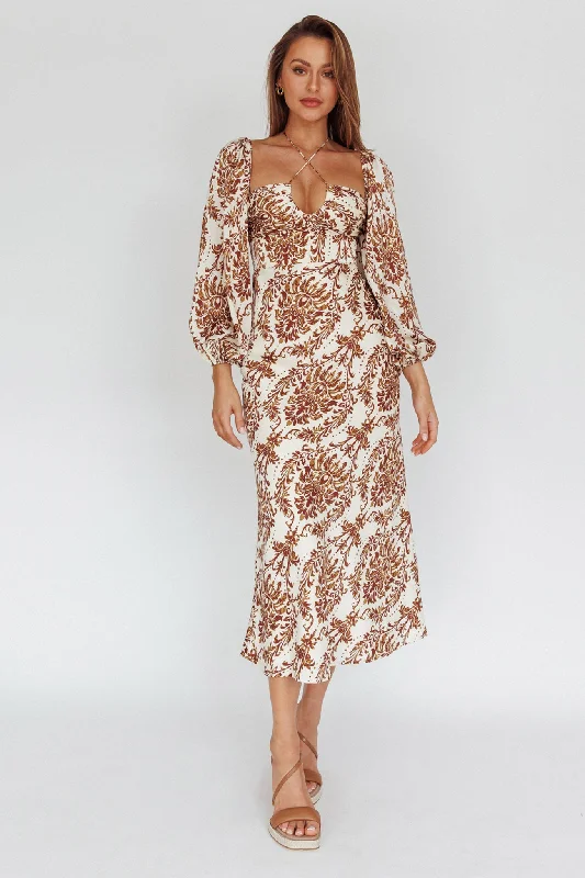 Midi dresses with tiered skirts for a bohemian festival look Nyree Long Sleeve Maxi Dress Floral Brown
