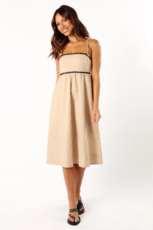 Midi dresses with ruched bodices for a feminine and fitted feel Lino Contrast Trim Midi Dress - Cream Black Midi dresses with ruched bodices for a feminine and fitted feel Lino Contrast Trim Midi Dress - Cream Black