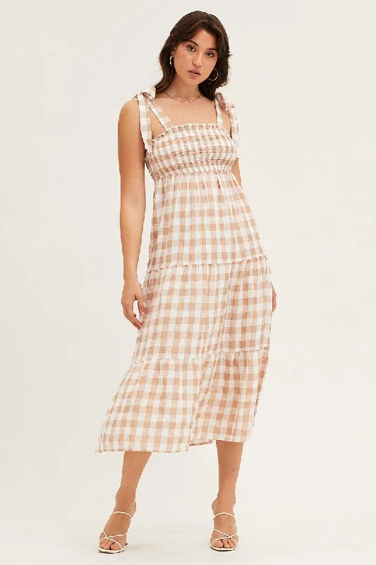 Midi dresses with ruffled sleeves for a more feminine and voluminous look Check Tied Shoulder Midi Dress