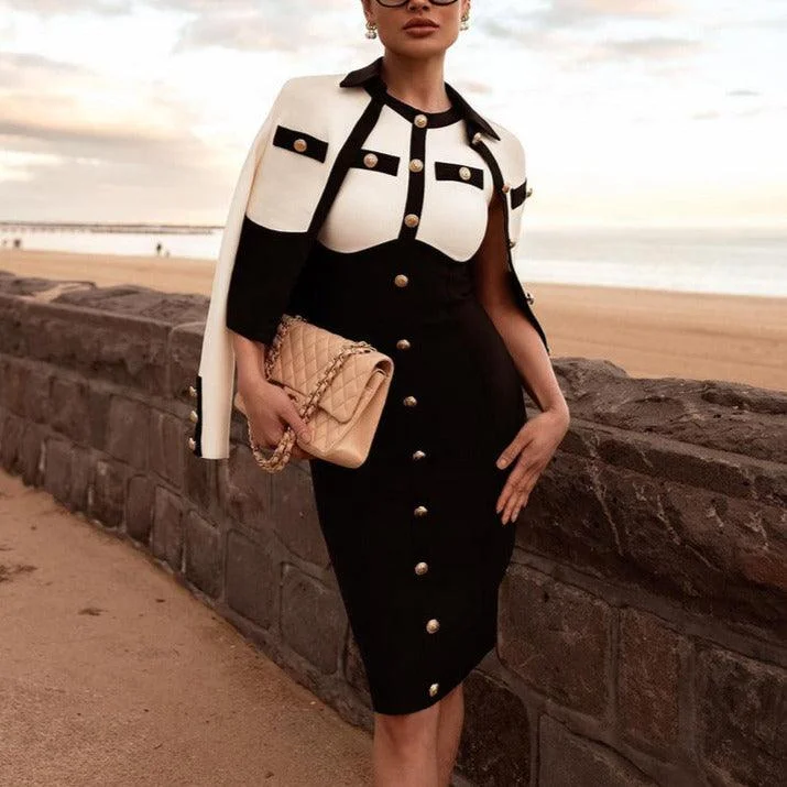 Midi dresses with fringe details for a fun and energetic style KittenAlarm - Roxanna Two-tone Button Down Dress