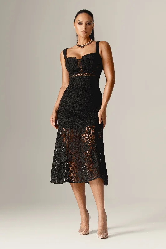 Midi dresses with ruched sleeves for a more fitted and stylish arm look Harley Straps Lace Guipure Midi Dress (Black)