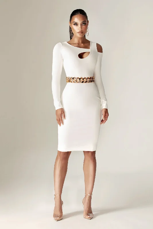 Midi dresses with ruched sleeves for a more fitted and stylish arm look Sinthia Cutout Ponte De Roma Midi Dress (Off White) Midi dresses with ruched sleeves for a more fitted and stylish arm look Sinthia Cutout Ponte De Roma Midi Dress (Off White)