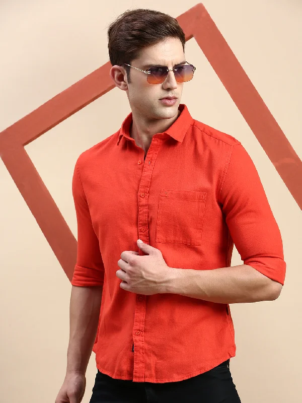 Men's Embroidered Detail Casual Shirts in Beige for a Touch of EleganceMen Orange Solid Casual Shirt Men's Embroidered Detail Casual Shirts in Beige for a Touch of EleganceMen Orange Solid Casual Shirt