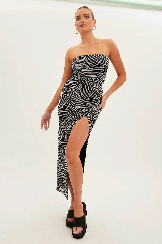 Midi dresses with wrap - around skirts for a customizable fit Black Animal Print Bodycon Dress Midi Strapless Side Split Mesh