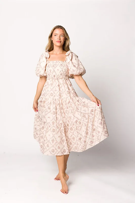 Midi dresses with polka dot prints for a playful summer outfit Elena Toile Print Smocked Midi Dress in Mocha Midi dresses with polka dot prints for a playful summer outfit Elena Toile Print Smocked Midi Dress in Mocha