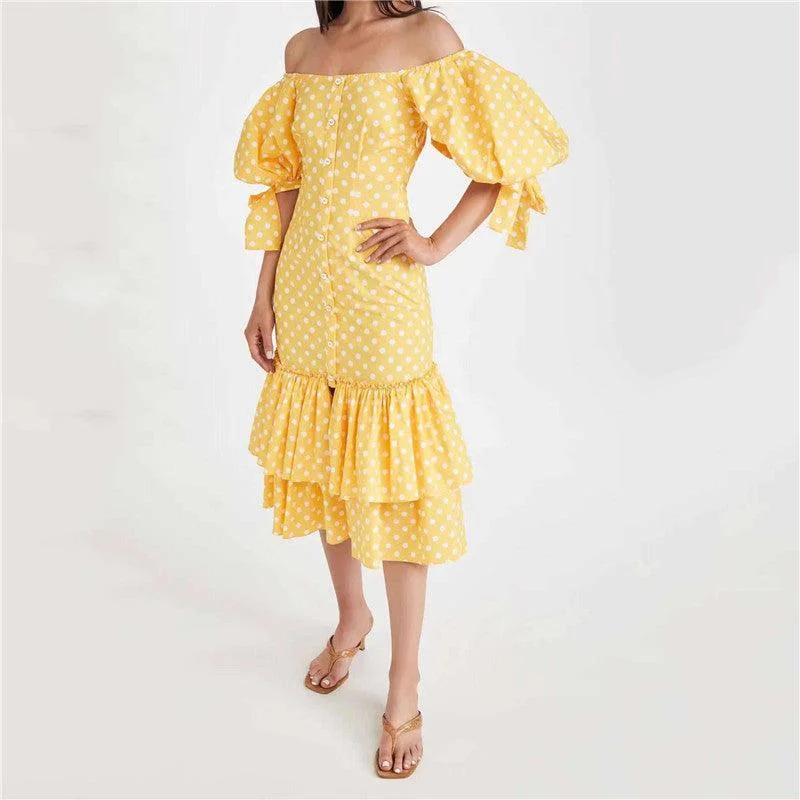 Midi dresses with abstract art prints for an artistic statement KittenAlarm - Matilda Ditsy Off Shoulder Layered Hem Midi Dress