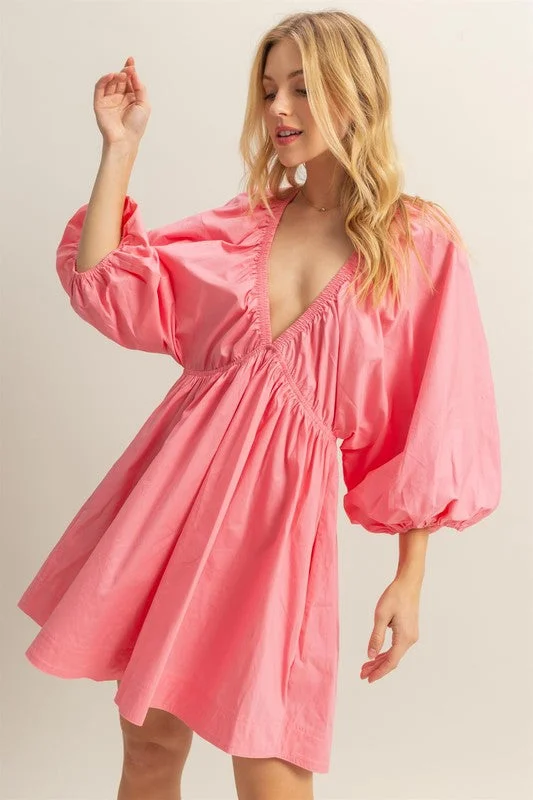 Mini dresses with criss - cross backs for a flirty look Plunge Balloon Sleeve Poplin Mini Dress with Pockets Mini dresses with criss - cross backs for a flirty look Plunge Balloon Sleeve Poplin Mini Dress with Pockets