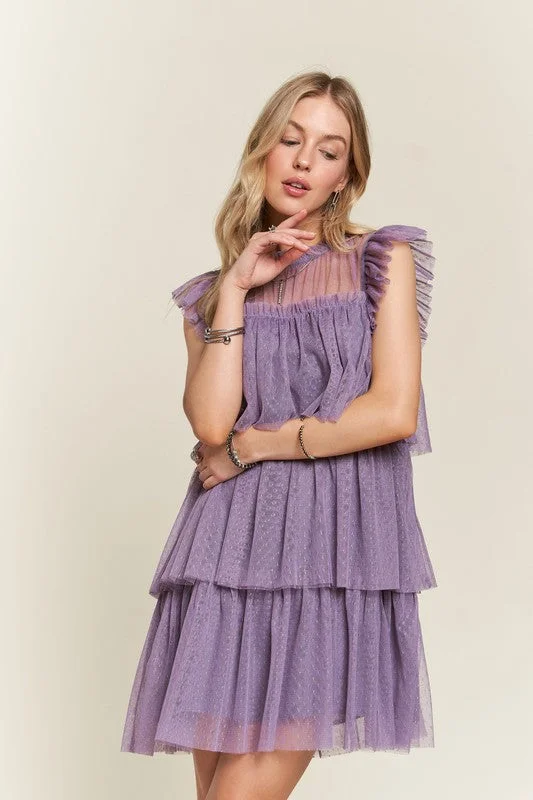 Leather mini dresses for a edgy style ADORA Layered Ruffled Cap Sleeve Mesh Dress