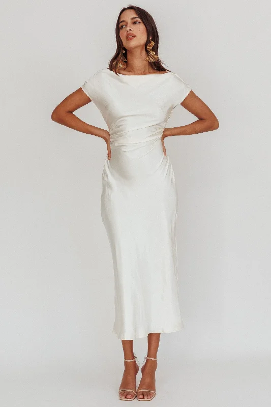 High - low midi dresses with geometric patterns for a modern party Loveland Cap Sleeve Cowl Back Midi Dress Oyster High - low midi dresses with geometric patterns for a modern party Loveland Cap Sleeve Cowl Back Midi Dress Oyster