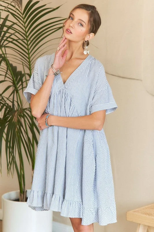 Mini dresses with ribbed textures for a unique appearance ADORA Ruffled Hem Striped V-Neck Babydoll Dress Mini dresses with ribbed textures for a unique appearance ADORA Ruffled Hem Striped V-Neck Babydoll Dress