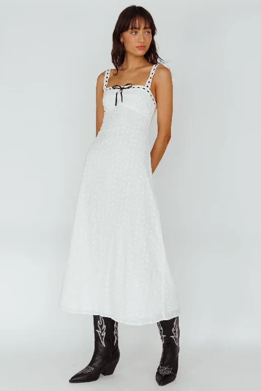 Maxi - inspired midi dresses with flowing fabrics for a beachy vibe Sunbeam Eyelet Embroidery Bow Midi Dress White