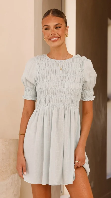 Mini dresses with gathered skirts for a voluminous effect Yana Mini Dress - Light Blue Mini dresses with gathered skirts for a voluminous effect Yana Mini Dress - Light Blue