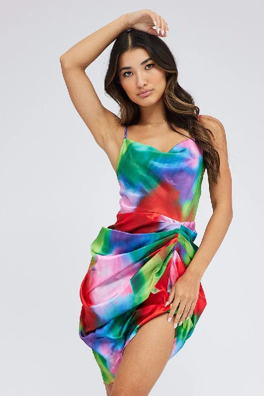 A - line midi dresses with floral prints for spring brunches Multi Print Mini Dress Ruched Ombre Cowl Neck Satin A - line midi dresses with floral prints for spring brunches Multi Print Mini Dress Ruched Ombre Cowl Neck Satin