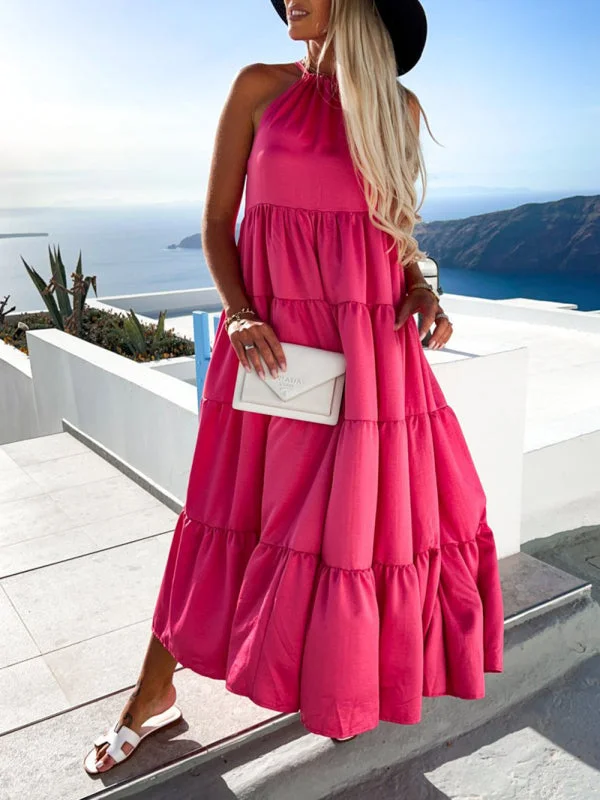 Mini dresses with ruched bodices for a feminine touch BerryBetty - Women's Solid Color Tiered Halter Maxi Dress