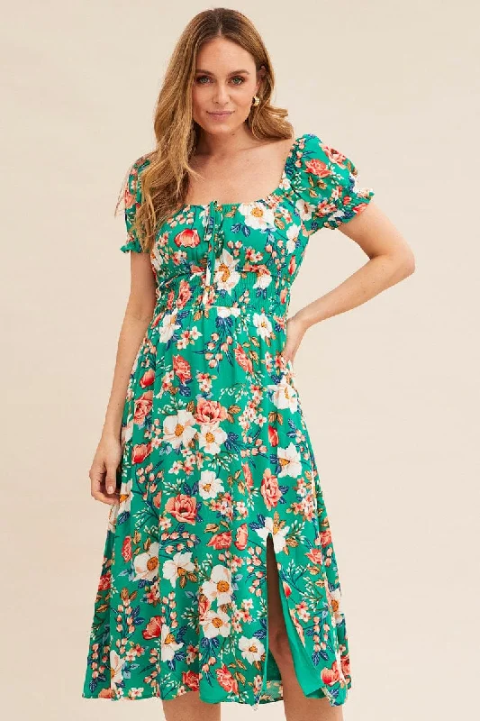 Midi dresses with ruched sleeves for a more fitted and stylish arm look Green Floral Short Puff Sleeve Midi Slit Dress
