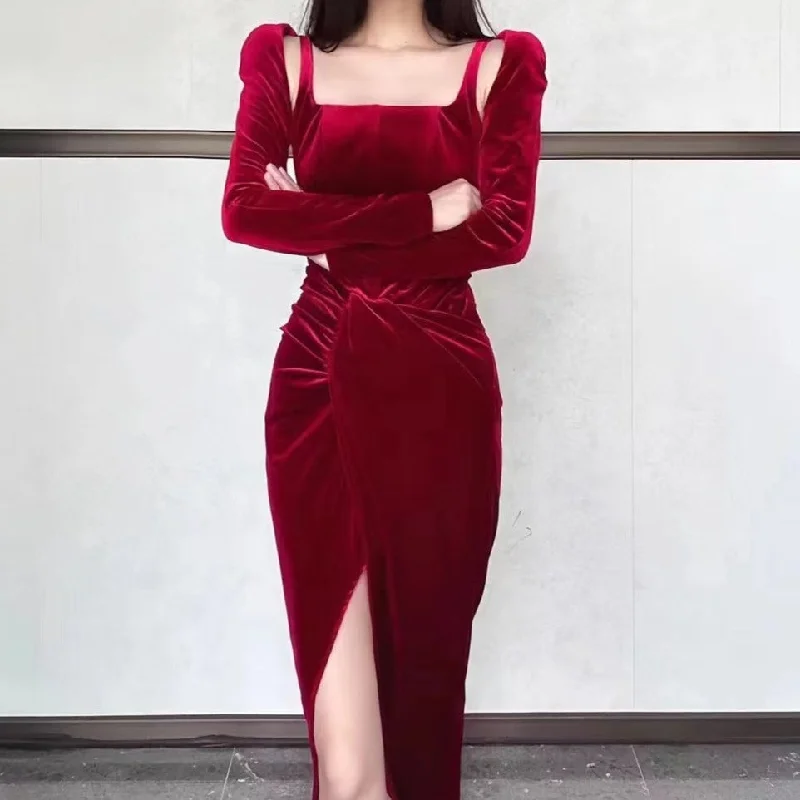 Midi dresses with ruffled bodices for a more pronounced feminine look KittenAlarm - Vanessa Corset Front Slit Midi Dress Midi dresses with ruffled bodices for a more pronounced feminine look KittenAlarm - Vanessa Corset Front Slit Midi Dress