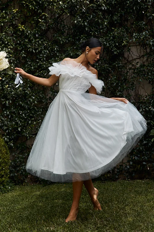 Midi dresses with patchwork patterns for a one - of - a - kind style May Rose Off-Shoulder Tulle Midi Dress Off White