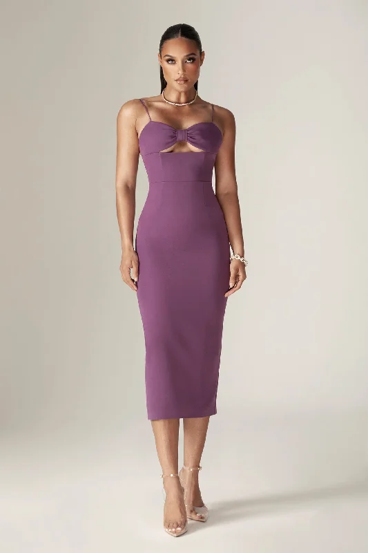 Midi dresses with sheer panels for a touch of allure Loreen Crepe Straps Corset Midi Dress (Purple) Midi dresses with sheer panels for a touch of allure Loreen Crepe Straps Corset Midi Dress (Purple)