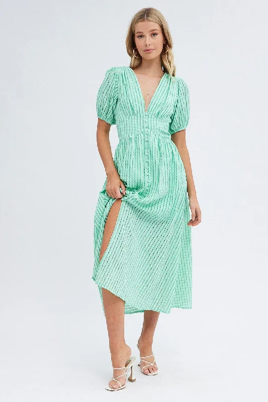 Midi dresses with ruched bodices for a feminine and fitted feel Green Check Check Puff Sleeve Midi Dress