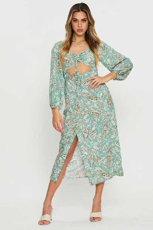 Midi dresses with tiered skirts for a bohemian festival look Print Midi Dress Long Sleeve