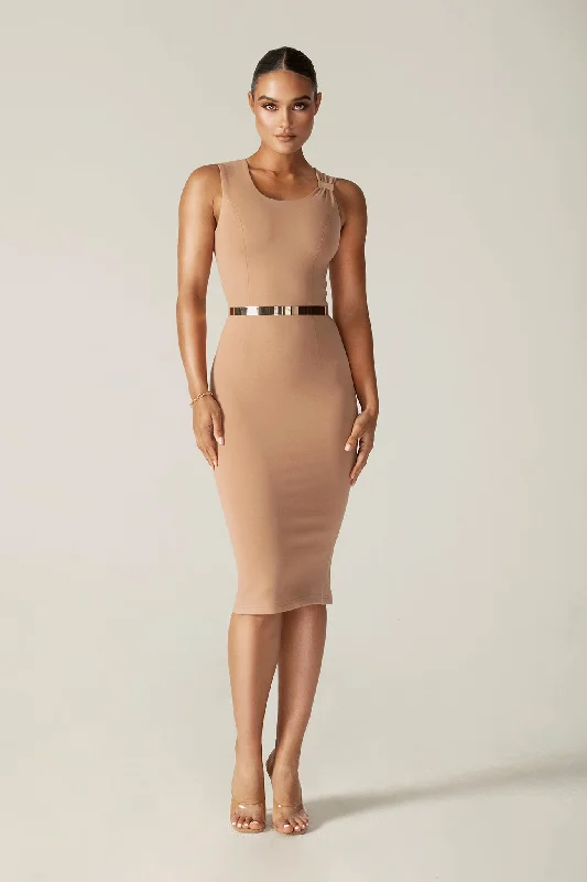 Midi dresses with puff sleeves for a vintage - inspired look Pamela Modern Dress (Light Khaki)