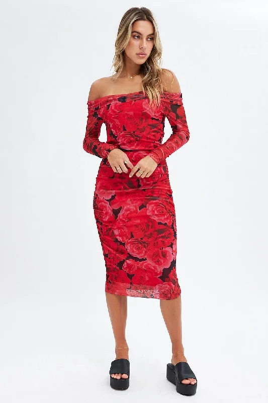 Midi dresses with gathered skirts for a full and flowing silhouette Red Floral Midi Dress Bardot Off Shoulder Bodycon Ruched Midi dresses with gathered skirts for a full and flowing silhouette Red Floral Midi Dress Bardot Off Shoulder Bodycon Ruched