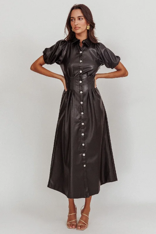 Midi dresses with puff sleeves for a vintage - inspired look Zurich A-line Puff Sleeve Midi Dress Black