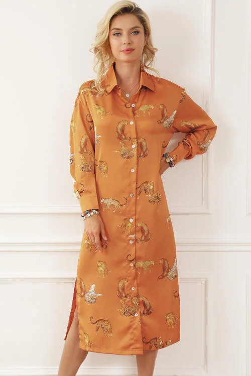Mini dresses with pom - pom trims for a playful feel Animal Pattern Long Sleeve Slit Shirt Dress Mini dresses with pom - pom trims for a playful feel Animal Pattern Long Sleeve Slit Shirt Dress
