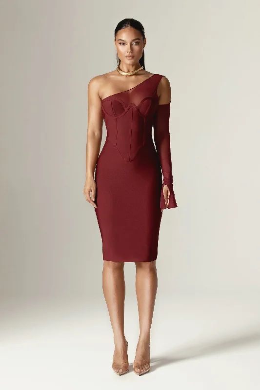 Midi dresses with cold - shoulder cutouts for a trendy style Naomi Mesh Bandage Midi Dress (Burgundy) Midi dresses with cold - shoulder cutouts for a trendy style Naomi Mesh Bandage Midi Dress (Burgundy)