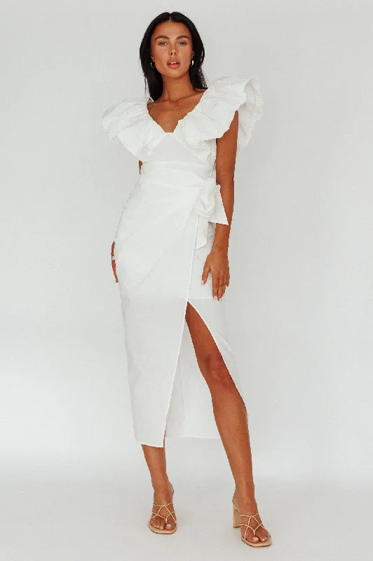 Midi dresses with bow accents for a sweet and charming look Kahlo Ruffle Neckline Wrap Midi Dress White Midi dresses with bow accents for a sweet and charming look Kahlo Ruffle Neckline Wrap Midi Dress White