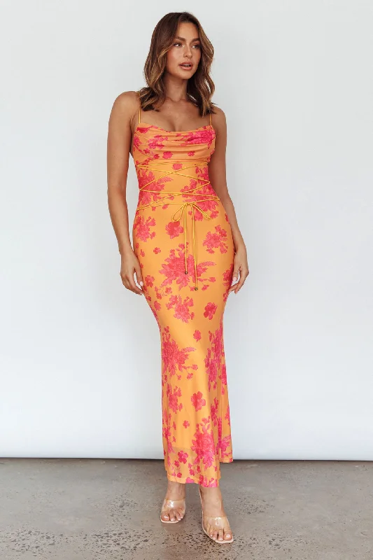 Midi dresses with satin - finish fabrics for a luxurious feel Teava Laced Waist Maxi Dress Floral Orange Midi dresses with satin - finish fabrics for a luxurious feel Teava Laced Waist Maxi Dress Floral Orange