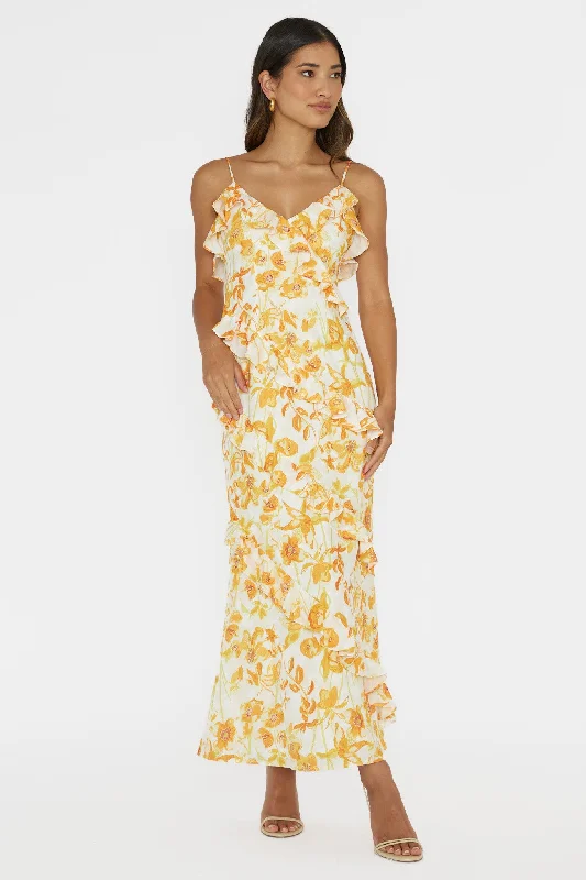 Midi dresses with animal prints for a bold and confident appearance Silvana Frill Trim Midi Dress Floral Orange