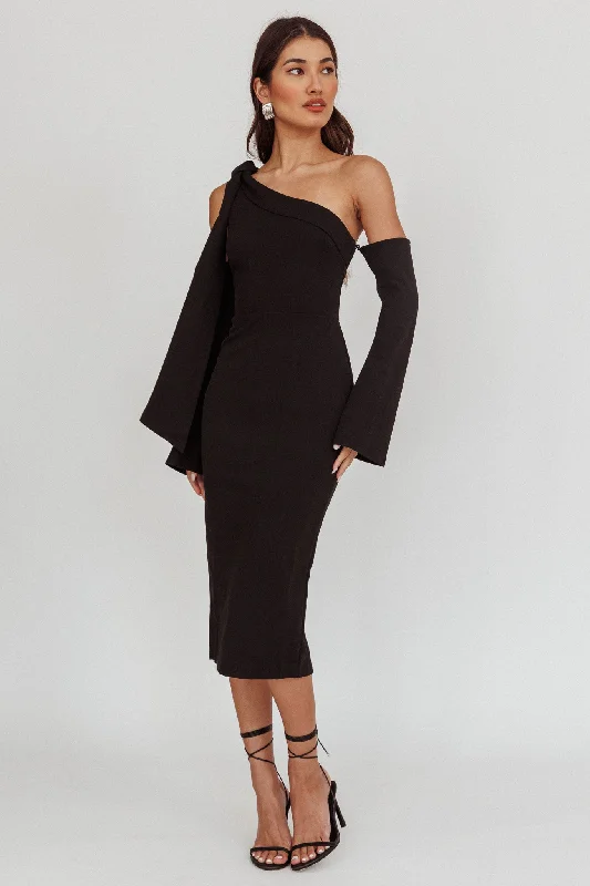 Midi dresses with side slits for a sexy and elegant appearance Rigel One-Shoulder Midi Dress Black
