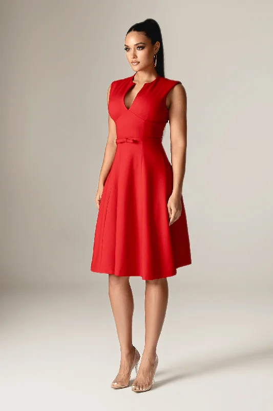 Midi dresses with ruffled hems for a romantic date night Leslie Italian Ponte Belted Midi Dress (Red)