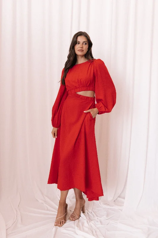 Midi dresses with gathered skirts for a full and flowing silhouette Ginnee Puff Sleeve Cutout Midi Dress - Red Midi dresses with gathered skirts for a full and flowing silhouette Ginnee Puff Sleeve Cutout Midi Dress - Red