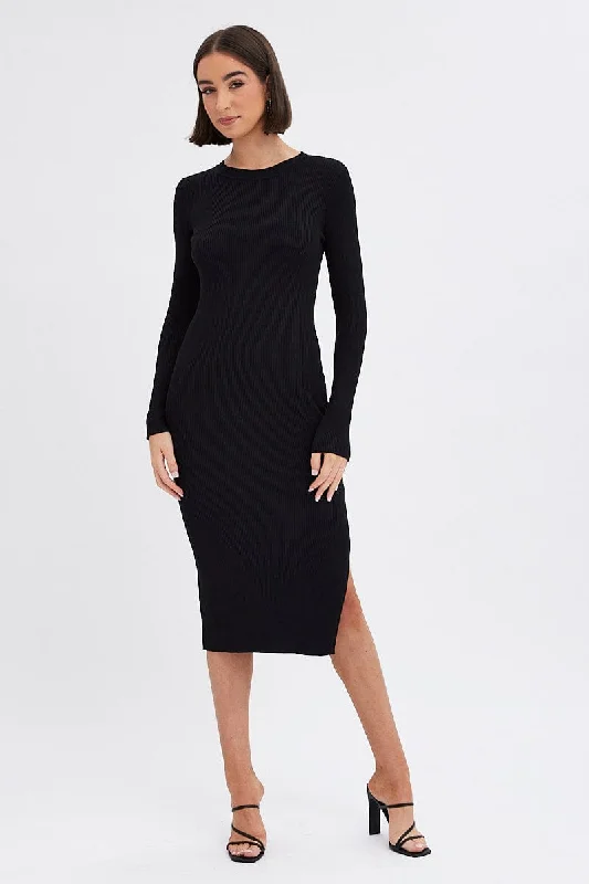 Midi dresses with wrap - around skirts for a customizable fit Black Midi Dress Long Sleeve Round Neck Rib Knitted Midi dresses with wrap - around skirts for a customizable fit Black Midi Dress Long Sleeve Round Neck Rib Knitted