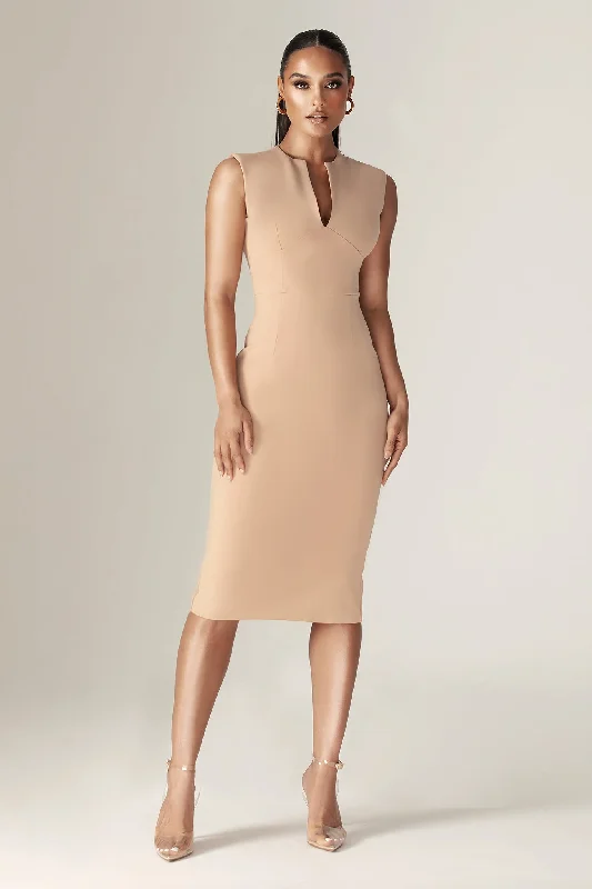 Midi dresses with metallic threads for a glamorous evening event Lianna Deep Slit Neckline Midi Dress (Khaki)