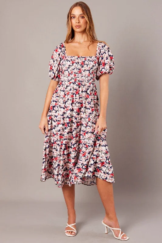 Midi dresses with V - necklines for a flattering and elongating effect Blue Floral Midi Dress Puff Sleeve Shirred Bust