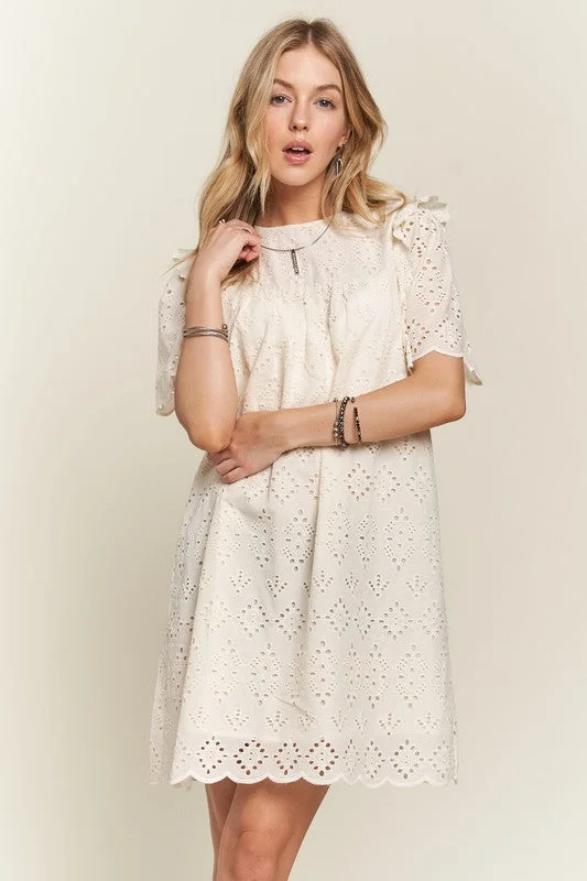 Denim mini dresses with distressed details ADORA Ruffled Eyelet Round Neck Dress