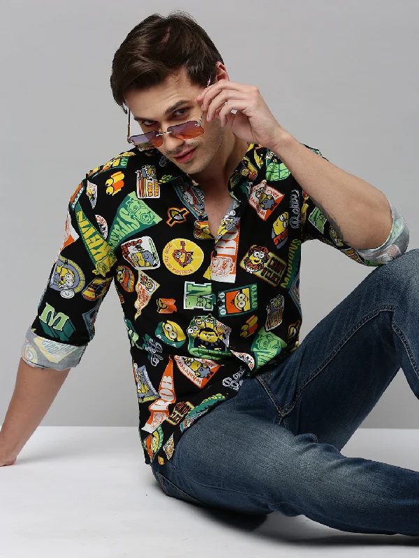 Plus Size Men's Striped Chambray Casual Shirts with a Spread Collar for a Preppy AppearanceMen Black Printed Casual Shirt Plus Size Men's Striped Chambray Casual Shirts with a Spread Collar for a Preppy AppearanceMen Black Printed Casual Shirt