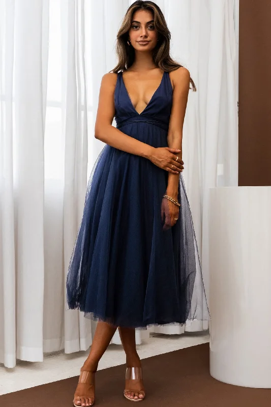 Midi dresses with printed lining for a hidden and stylish detail Floating By Plunging Neckline Mesh Overlay Midi Dress Navy