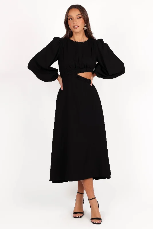 Midi dresses with empire waists for a flattering maternity option Ginnee Puff Sleeve Cutout Midi Dress - Black Midi dresses with empire waists for a flattering maternity option Ginnee Puff Sleeve Cutout Midi Dress - Black
