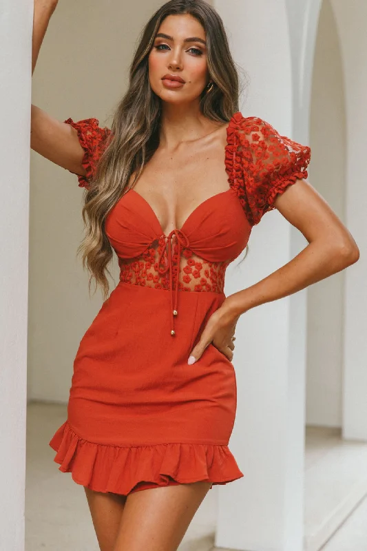 Polyester mini dresses for easy care Field Dreams Puff Sleeve Tie-Up Bodice Floral Embroidery Mini Dress Rose Polyester mini dresses for easy care Field Dreams Puff Sleeve Tie-Up Bodice Floral Embroidery Mini Dress Rose