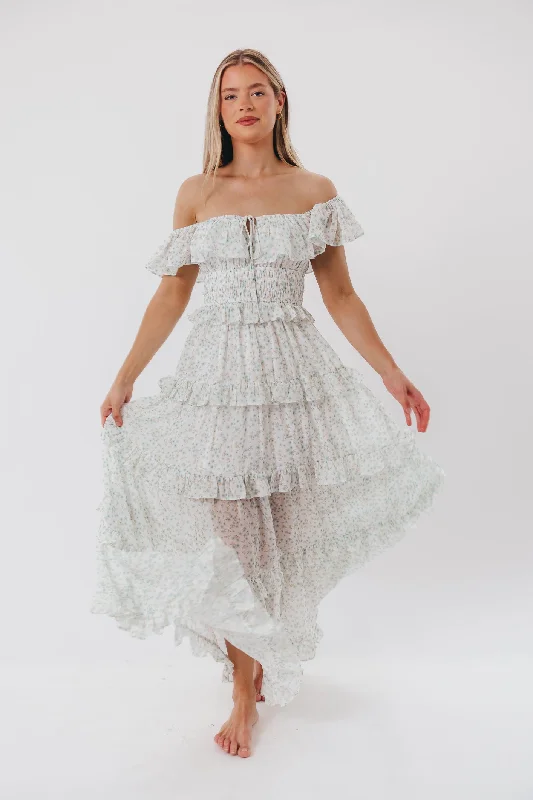 Midi dresses with denim fabric for a casual yet stylish day out Astrid Ruffle Detail Maxi Dress in Sage Floral - Bump Friendly - Restocking End of April