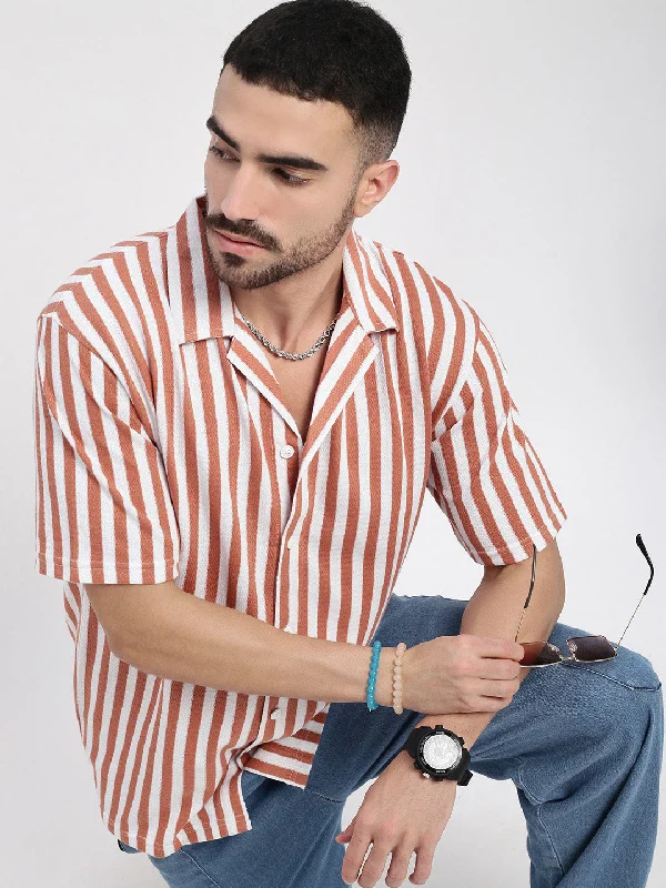 Plus Size Men's Striped Chambray Casual Shirts with a Spread Collar for a Preppy AppearanceMen Orange Cuban Collar Striped Shirt Plus Size Men's Striped Chambray Casual Shirts with a Spread Collar for a Preppy AppearanceMen Orange Cuban Collar Striped Shirt