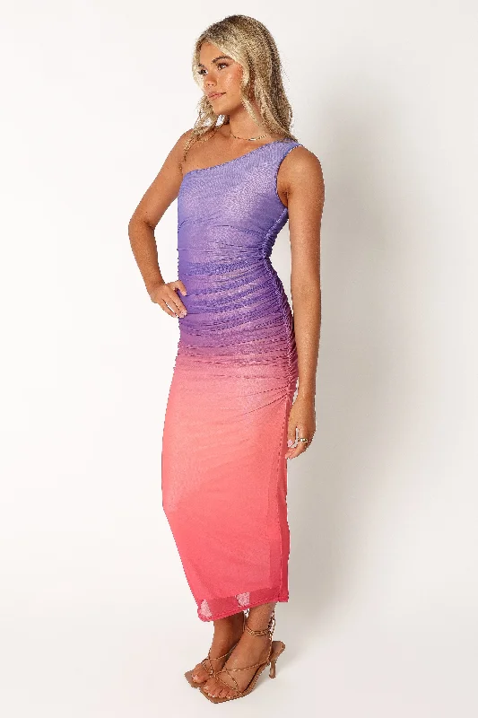Midi dresses with geometric cutouts for a contemporary and edgy look Dakota One Shoulder Midi Dress - Purple Gradient