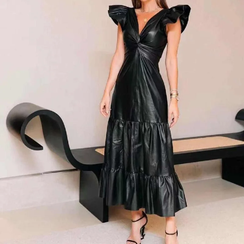 Midi dresses with denim fabric for a casual yet stylish day out KittenAlarm - Lanie Ruffle Leather midi Dress Midi dresses with denim fabric for a casual yet stylish day out KittenAlarm - Lanie Ruffle Leather midi Dress