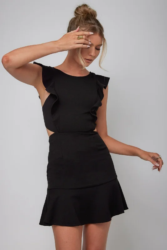 Mini dresses with button - down fronts Jackie Wide Ruffle Hem Pinafore Dress Black
