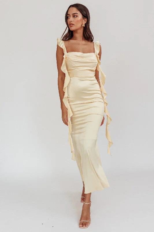 Midi dresses with mesh inserts for a trendy and breathable option Blushing Ruffle Trim Midi Dress Butter Midi dresses with mesh inserts for a trendy and breathable option Blushing Ruffle Trim Midi Dress Butter