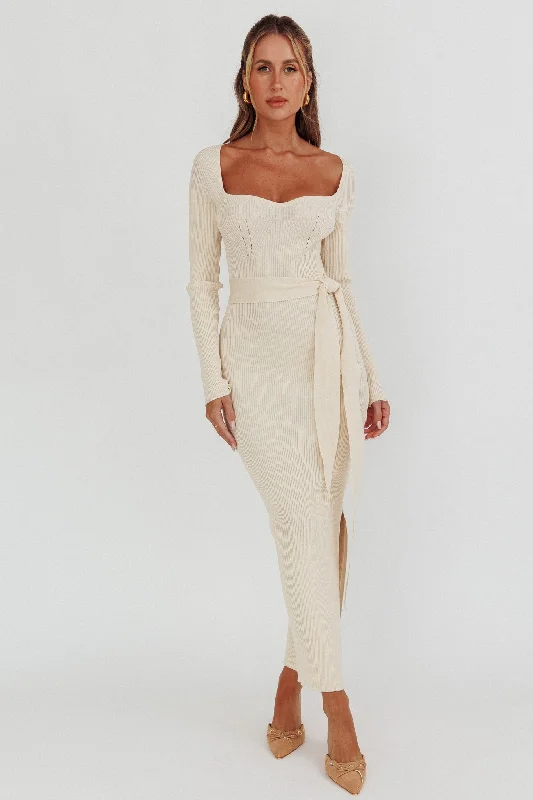 Midi dresses with cold - shoulder cutouts for a trendy style Twilight Moments Long Sleeve Knit Dress Cream Midi dresses with cold - shoulder cutouts for a trendy style Twilight Moments Long Sleeve Knit Dress Cream